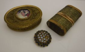 A circa 1900 French embossed gilt brass oval lidded box with later inset portrait medallion to lid