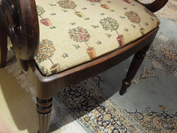 A pair of George III mahogany elbow chairs with bar back and scroll arms above upholstered seats - Image 10 of 10