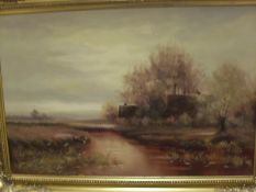 20th CENTURY ENGLISH SCHOOL "Rural cottage with cattle watering", oil on canvas, unsigned,
