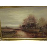 20th CENTURY ENGLISH SCHOOL "Rural cottage with cattle watering", oil on canvas, unsigned,