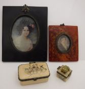 Two modern framed and glazed miniature portrait prints in the 19th Century manner and two simulated