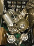 A box of assorted silver plated items to include twin-handled trophy cup, teapot, hot water jug,