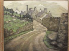C VOYSEY "Village scene with grey stone buildings, mountains rising in background", oil on panel,