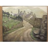 C VOYSEY "Village scene with grey stone buildings, mountains rising in background", oil on panel,