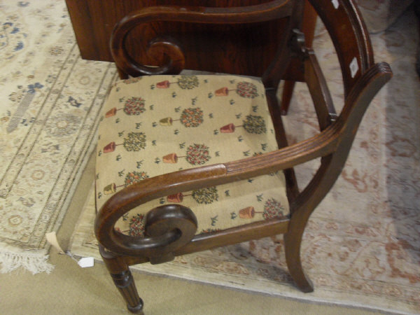 A pair of George III mahogany elbow chairs with bar back and scroll arms above upholstered seats - Image 6 of 10