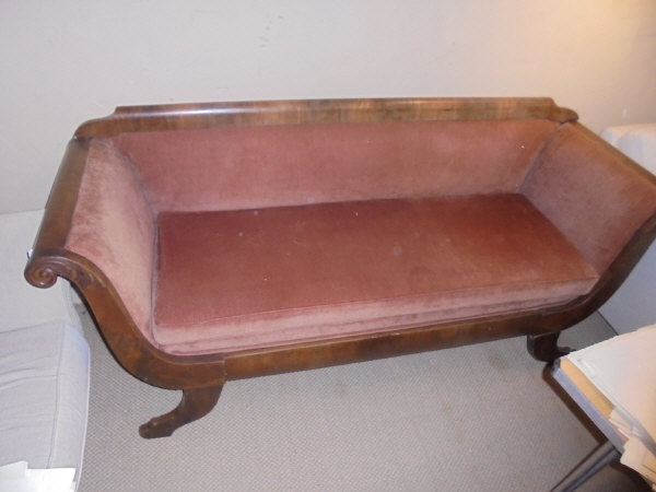 A Biedermeier style sofa in red upholstery with applied scrolling mouldings to the arms - Image 9 of 10