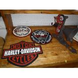 A collection of three various modern painted metal motorcycle signs including "Harley Davidson",