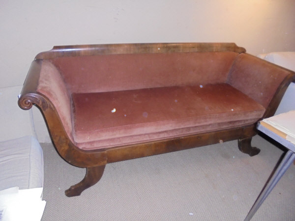 A Biedermeier style sofa in red upholstery with applied scrolling mouldings to the arms - Image 2 of 10