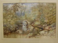 E SALTER "River Landscape with figure on bank by bridge", watercolour,