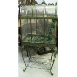 A modern verdigris decorated terrarium with domed top on cabriole legs united by an undertier