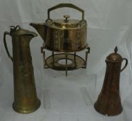 A WMF brass secessionist spirit kettle on stand,