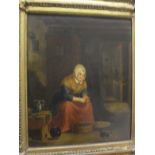 H WOUWERMAN "Old lady seated peeling potatoes in an interior,