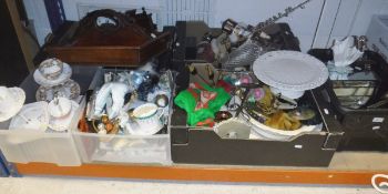 Six boxes of various china wares, ornaments, clocks, cutlery tray,
