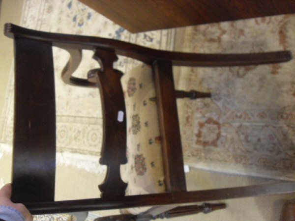 A pair of George III mahogany elbow chairs with bar back and scroll arms above upholstered seats - Image 7 of 10