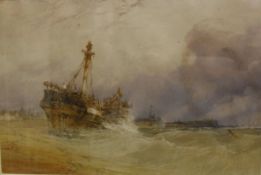 THOMAS COLLIER "Beached wreck with figures", watercolour heightened with white,