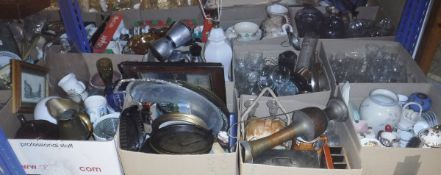 Seven boxes of various sundry glassware, metalware,