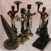 A verdigris patinated bronze figure "Victoire", pair of Empire style candlesticks,