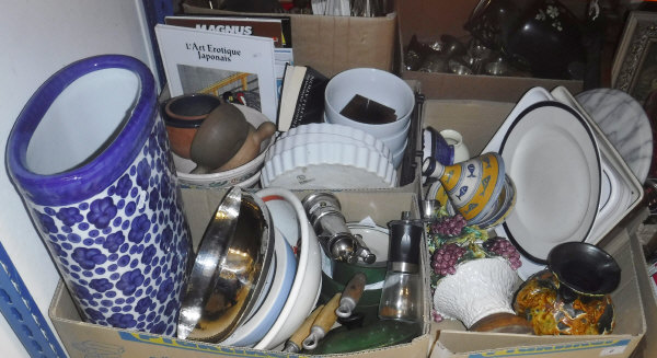 Three boxes of various china wares, marble chopping board, tagine, erotic art books, etc,