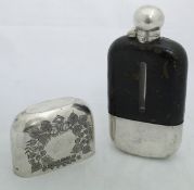 A James Dixon & Son hip flask, part leather mounted, together with a hip flask top and base,