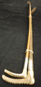 Two antler-handled riding crops, one with silver ferrule and malacca cane shaft,