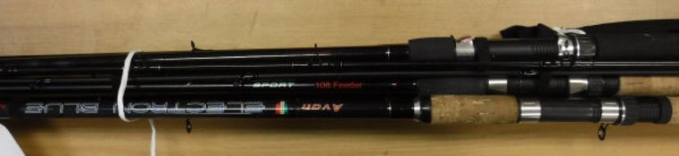 A collection of five assorted fibreglass and carbon fibre coarse fishing rods to include an NGT