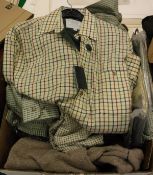 A box containing various Bonart fleece-lined shirts (S), two Sherwood shirts (S),