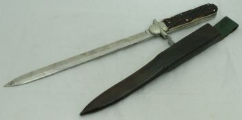 A large antler-handled knife in green leather sheath with double length folding blade