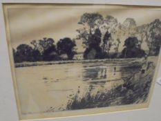 AFTER NORMAN WILKINSON "On The Test", black and white etching, signed in pencil lower right,