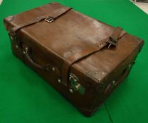 A vintage leather suitcase, the fixings inscribed "A.D.