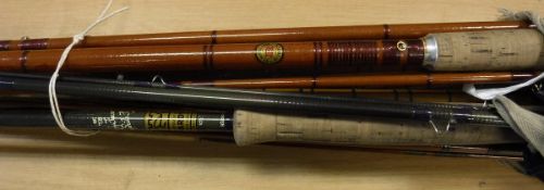 A collection of five assorted fishing rods comprising three split cane examples,