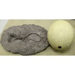 A cast to simulate a fossilised Lizard with Grasshopper prey and a blown Ostrich egg