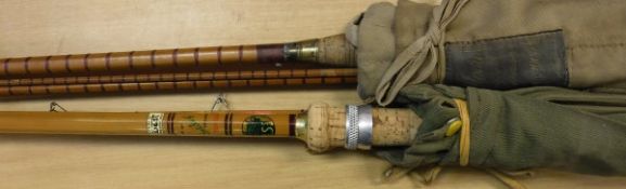 A Sealey "Octofloat" three piece split cane coarse rod and a Moore of Liverpool three piece split