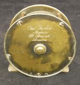 A Charles Farlow 35/8" diameter "Protected Crank" brass salmon fly reel