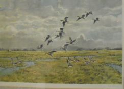 AFTER HUGH MONAHAN "Ducks alighting", colour print, signed in pencil lower right,