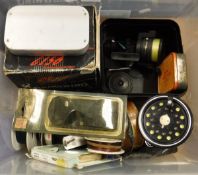 A box containing an assortment of miscellaneous fishing tackle to include a Winfield fly reel,