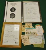 A collection of cricketing ephemera including framed and glazed team sheet for the Australian