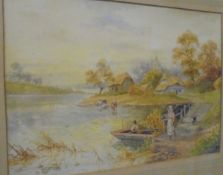 SIDNEY WATTS "Fishing from a punt", watercolour,