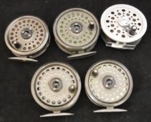 A collection of five trout fly reels including a Shakespeare "Speedex" and three Intrepid "Rimfly"