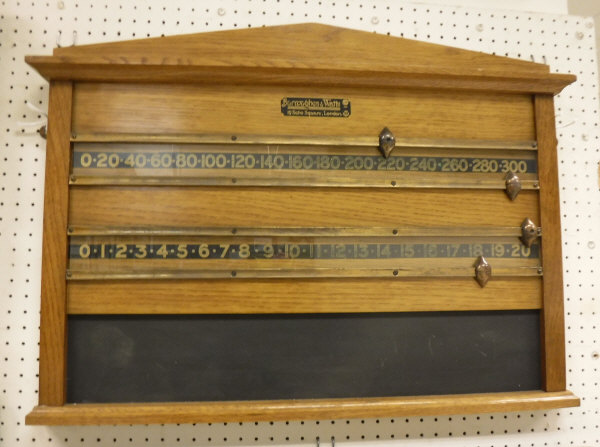 A vintage oak framed snooker scoreboard,