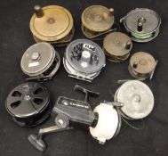 A collection of ten assorted fishing reels to include an Allcocks brass plate wind reel,