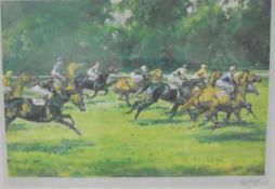 AFTER MICHAEL LYNE "Racing scene", colour print, signed lower right in pencil,