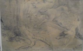B M SWAN "Dogs chasing hare", pencil study,