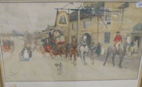 AFTER CECIL ALDIN "The Bell at Stilton", a coaching scene with inn and huntsman and hound,