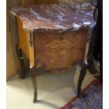 A French kingwood and marquetry inlaid two drawer commode of small proportions with rosso marble