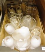 A box of various glassware ,a pair of game bird decorated candlesticks,