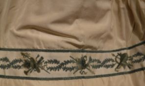 Five pairs of gold ground satin interlined curtains with applied borders of green and cream