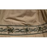 Five pairs of gold ground satin interlined curtains with applied borders of green and cream