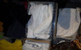 Three boxes of assorted remnant material, to include cream moire silk,