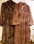 Two musquash full length fur coats, one dark brown,