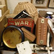 A box of sundries to include Linguaphone French Course, golly band, scales, Chinese lacquered bowl,